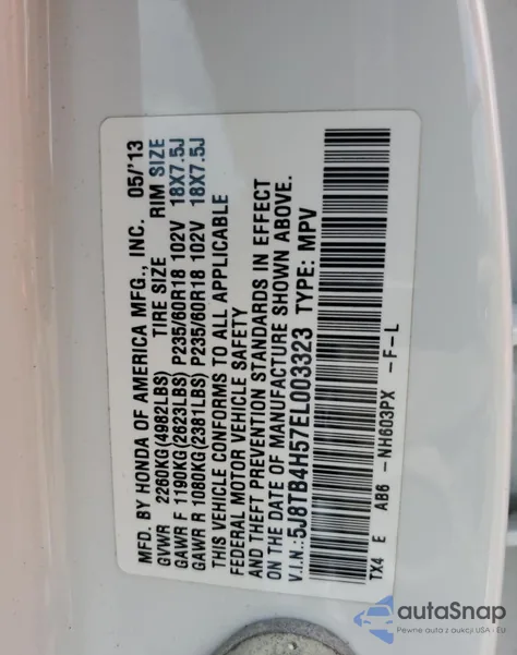 2014 Acura Rdx Technology z USA, uszkodzony, nr VIN 5J8TB4H57EL003323